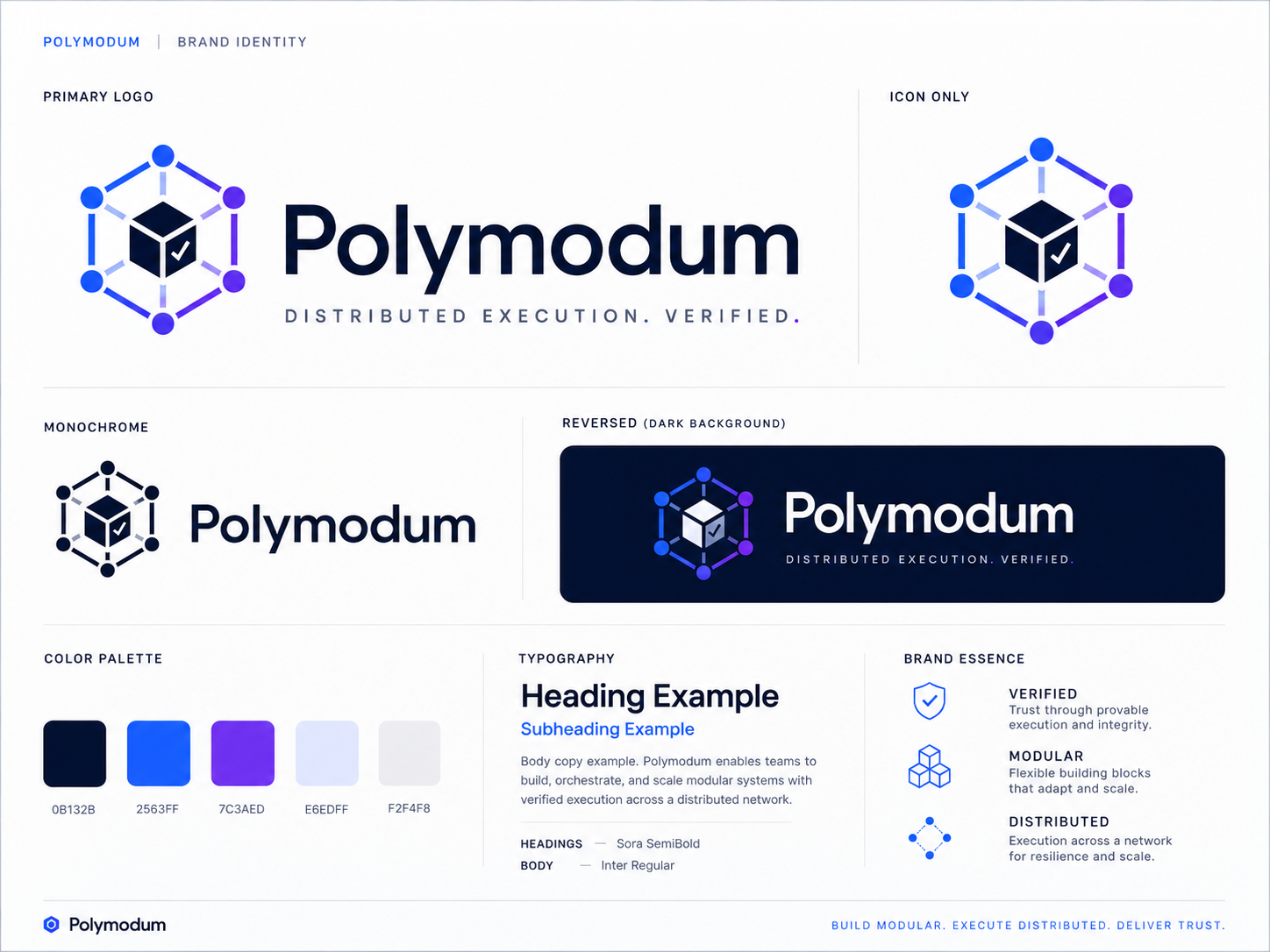 Polymodum brand system showing the primary logo, icon, color palette and typography.